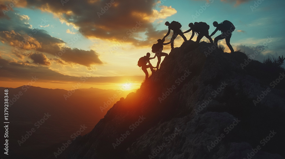 Fototapeta premium Silhouetted Team Helping Each Other Climb a Mountain Ridge at Sunset