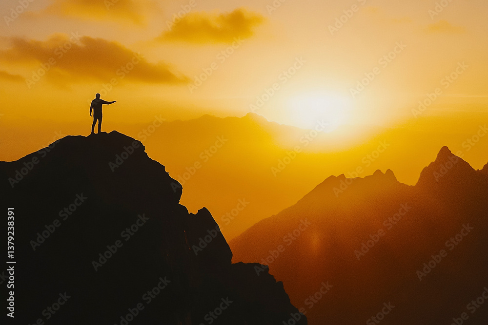 Silhouette of Leader Reaching the Summit of a Mountain Peak at Sunrise Silhouette of Leader Reaching the Summit of a Mountain Peak at Sunrise