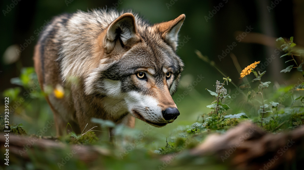 Fototapeta premium A European wolf dashes through the autumn forest, its fur blending with golden leaves. The crisp air and warm hues create a stunning wildlife scene, capturing the wolf’s speed, agility, and natural gr