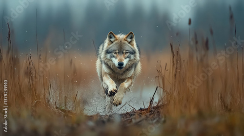 A majestic European wolf speeds through an autumnal forest, golden leaves swirling around its path. The interplay of crisp air, earthy tones, and natural instincts creates a striking wildlife moment.