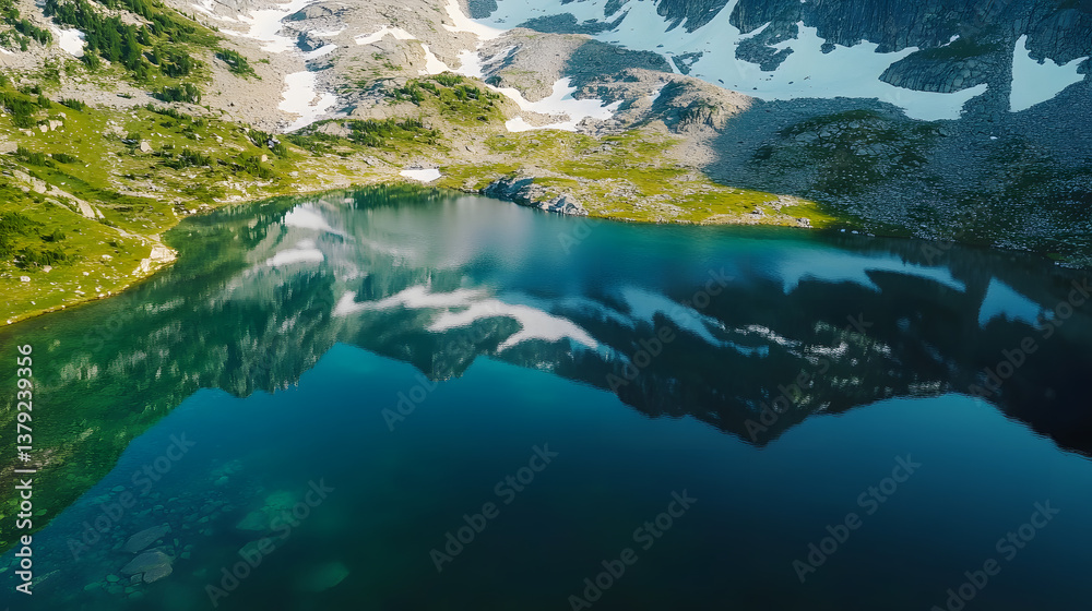 Aerial Top-Down View of Alpine Lake Reflecting Snow-Covered Peaks in Serene Natural Landscape Aerial Top-Down View of Alpine Lake Reflecting Snow-Covered Peaks in Serene Natural Landscape