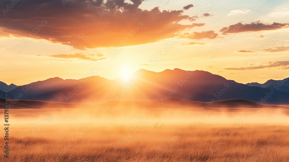 Fototapeta premium Majestic gold sunrise over misty mountain landscape at dawn