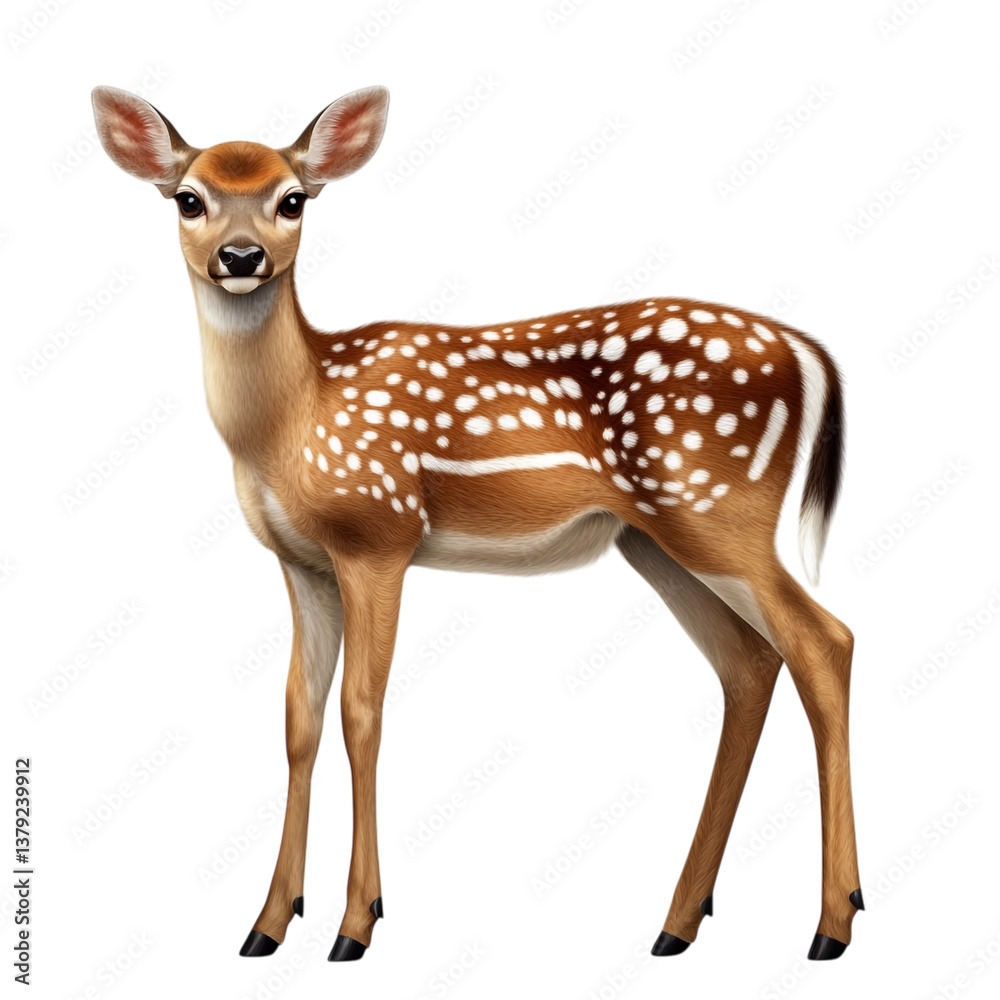 Fototapeta premium A graceful spotted deer standing in an alert pose, large expressive eyes, soft brown fur with white spots, hyper-realistic details, isolated on a transparent background.