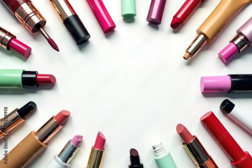 Geometric arrangement of various cosmetics on white, white, minimal Geometric arrangement of various cosmetics on white, white, minimal