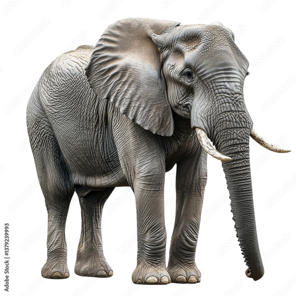 Fototapeta premium A massive African elephant standing tall with its trunk slightly curled, deep wrinkles and textured gray skin visible, majestic tusks shining, ultra-HD realism, isolated on a transparent background.