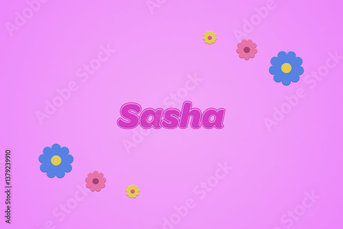 Tablou pe pânză Sasha female girl name illustration in pink with blossoms, flowers