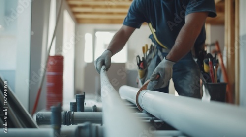 A construction worker installing pipes in a commercial building. Featuring detail and focus