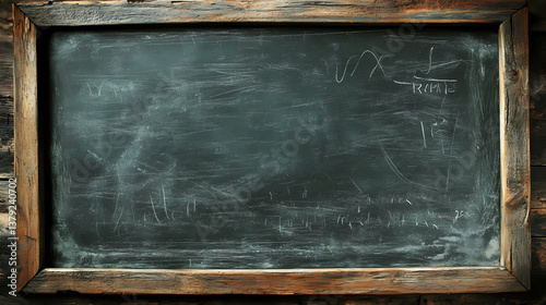 Rustic vintage chalkboard: a weathered, vintage chalkboard framed with rustic wood, its surface displays the faint remnants of previous writings. Faint Remnants. Illustration