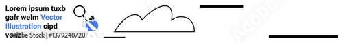 Person holding magnifying glass examining abstract cloud shapes. Ideal for analysis, research, innovation, discovery, cloud computing, problem-solving, simple landing page