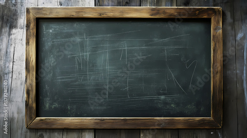 Rustic vintage chalkboard: a weathered, vintage chalkboard framed with rustic wood, its surface displays the faint remnants of previous writings. Faint Remnants. Illustration