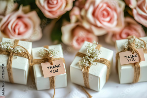 Small white favor boxes with simple twine bows and pink thank you tags sit against a backdrop of delicate blush roses for a rustic-chic celebration.