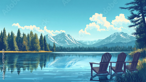 Serene Lakeside Vista Tranquil Mountain Lake with Adirondack Chairs