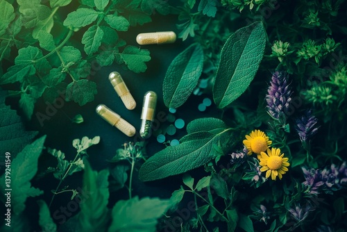 Konstfotografi Brightly colored leaves and flowers surround several capsules on a wooden surface