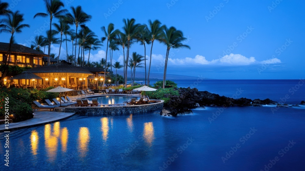 Resort infinity pool with built-in seating, palm trees reflected in the water, and warm evening lighting.