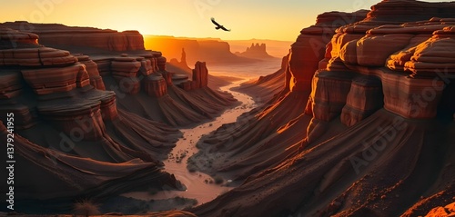 Majestic Sunrise Over Canyon Landscape with Soaring Eagle
