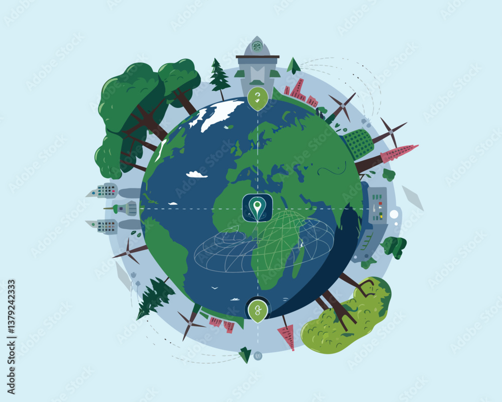 Naklejka premium illustration poster design green Earth with trees, windmills, and a focus on sustainability and Eco-friendly travel using GPS technology. 