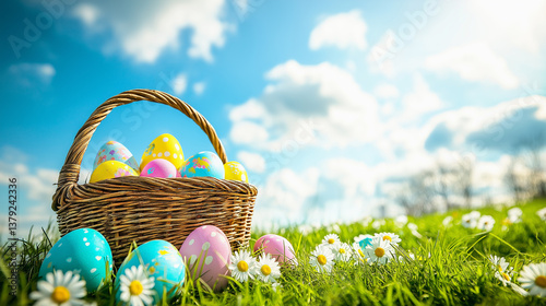 Colorful Easter eggs in a basket on spring grass with blooming daisies. Perfect for festive cards, seasonal decorations, egg hunts and holiday joy in nature.
