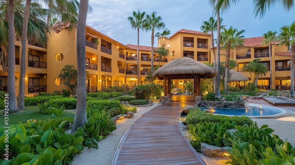 Fototapeta premium Tropical resort hotel entrance with lush greenery, wooden pathways, and soft golden lighting at dusk.
