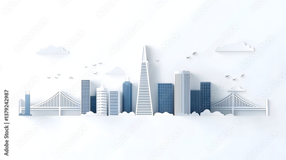 Fototapeta premium A striking futuristic city skyline with tall geometric skyscrapers and interconnected sky bridges all rendered in a stylized layered paper cut aesthetic