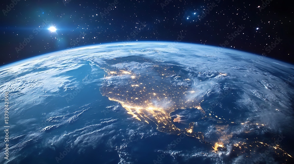 Fototapeta premium Dramatic View of Planet Earth From Space Revealing North America At Night