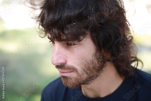 Sad Long Hair Man Is About To Cry From Depression In The Nature Park