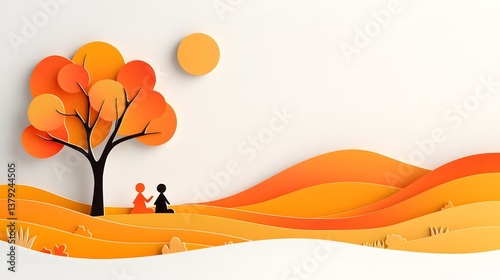 Two silhouetted figures sit peacefully under a stylized paper tree observing the warm layered sunset landscape in the distance