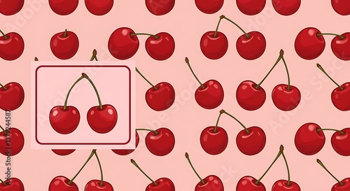 Sweet Cherry Delight Pink Background Pattern Juicy Cherries Vibrant Red Illustration Red Cherry Pattern Graphic Design Art Cherries Seamless Repeat Retro Style Bold Cherry Design Pink Background