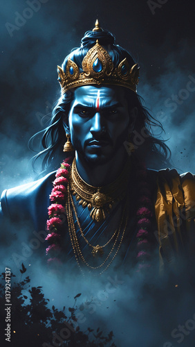 A powerful Indian king in royal attire, fading into darkness or mist