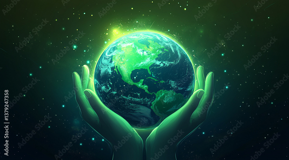 Glowing Earth Held in Hands Environmental Conservation Art Illustration Glowing Earth Held in Hands Environmental Conservation Art Illustration