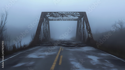 Fog shrouds a crumbling bridge and decaying road. a distant river's echo whispers through the mist. nature reclaims the cracked asphalt. a desolate, haunting scene. Crumbling Echoes. Illustration photo