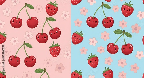 Cute Kawaii Fruit Seamless Patterns Pink Blue AI Generated