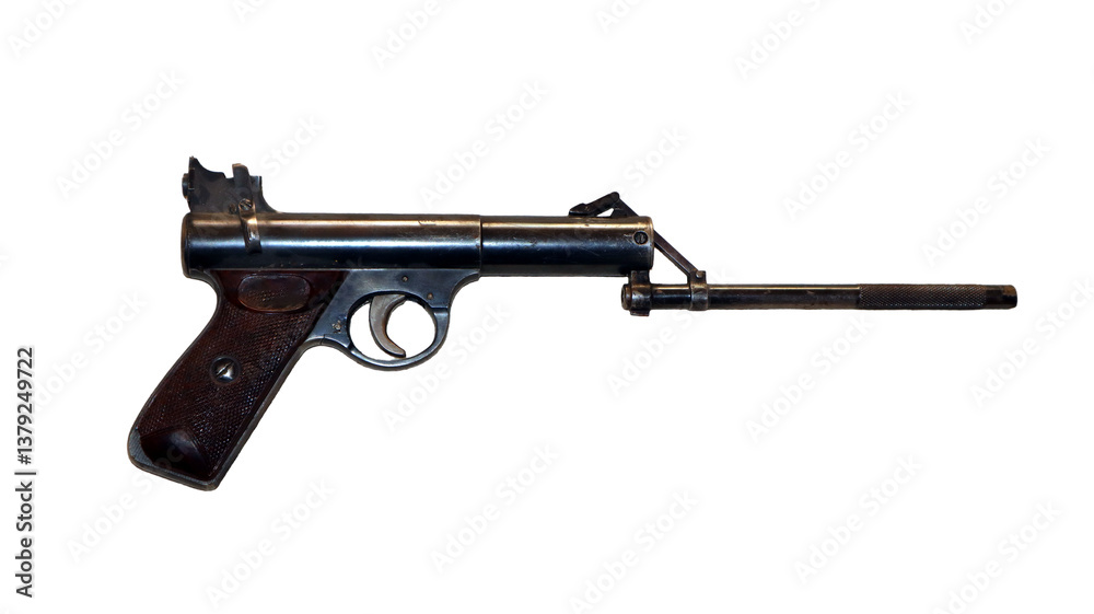 Retro air pistol with an open bolt mechanism, highlighting its vintage aesthetic and unique construction. The iconic design captures the interest of collectors and enthusiasts. Retro air pistol with an open bolt mechanism, highlighting its vintage aesthetic and unique construction. The iconic design captures the interest of collectors and enthusiasts.