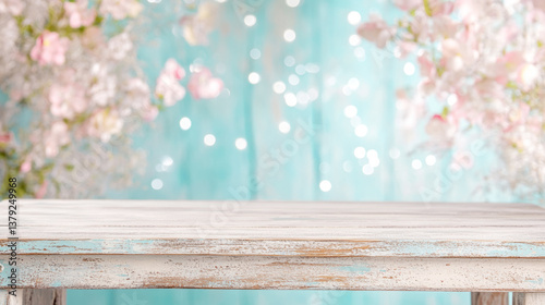Rustic wooden table against sparkling floral backdrop for spring decor or event design