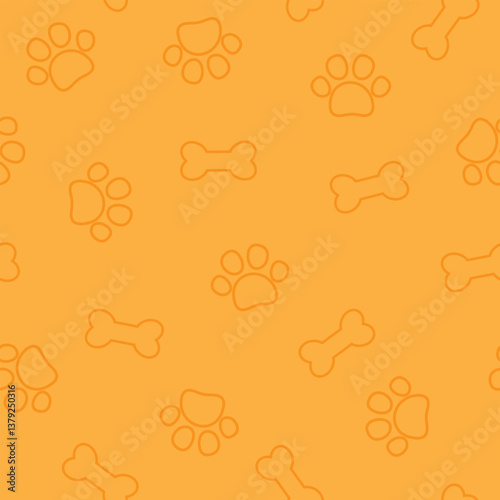 Pet paw footprint seamless pattern. Dog paw print and bone on orange background. It can be used for wallpapers, wrapping, cards, patterns for clothes and other.
