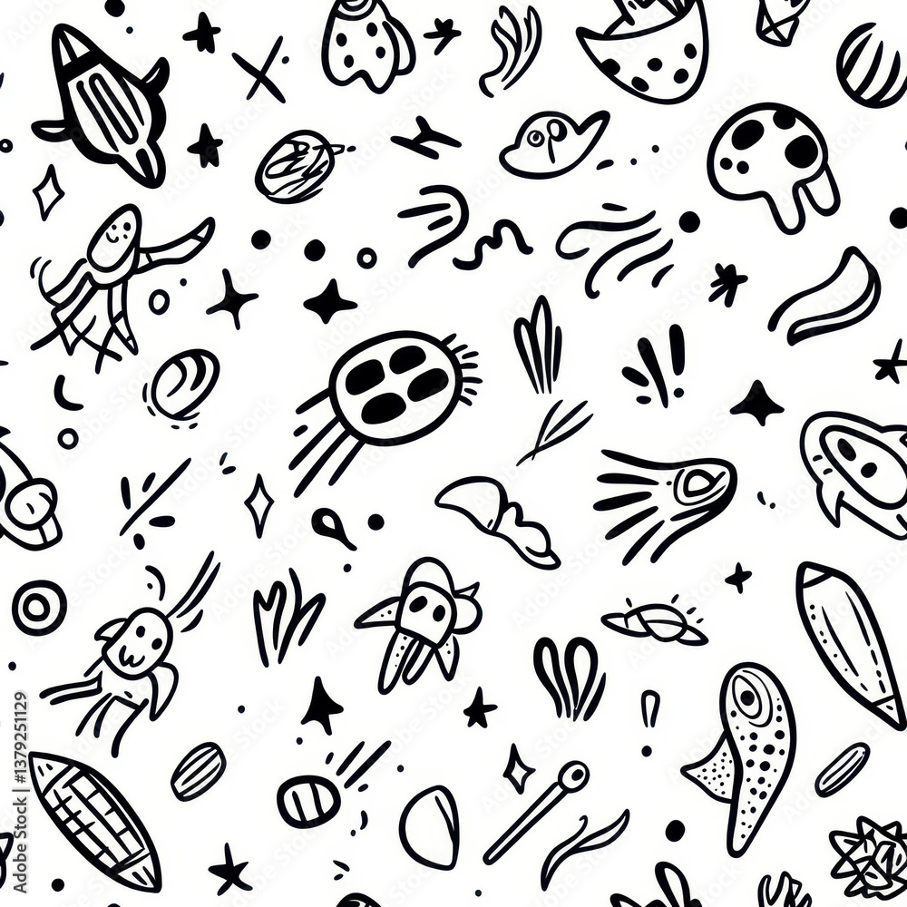 Explore a quirky abstract doodle pattern with fun monsters and space elements, perfect for bold graphic designs. Explore a quirky abstract doodle pattern with fun monsters and space elements, perfect for bold graphic designs.