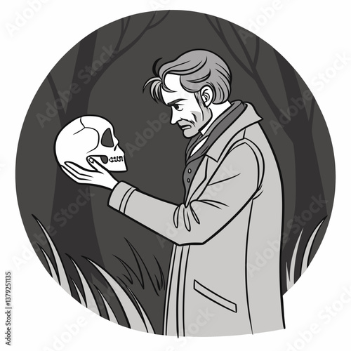 Dark and Mysterious Man with a Skull, Intriguing Character Design for Fantasy, Horror, and Digital Art Projects