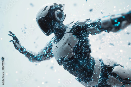 Futuristic Humanoid Robot Disintegrating into Particles – Artificial Intelligence and Nanotechnology Concept