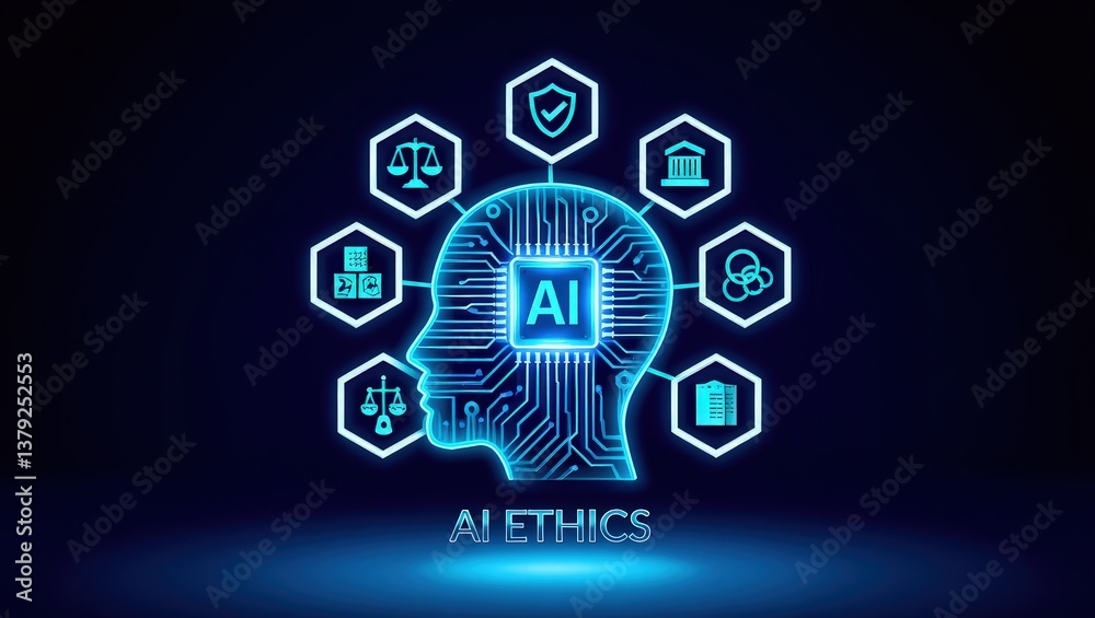 Human silhouette hologram with brain and chip, AI ethics and business policy Human silhouette hologram with brain and chip, AI ethics and business policy