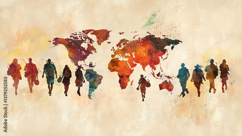 Fototapeta premium Watercolor World Map with Silhouettes of Travelers Global Exploration Artwork