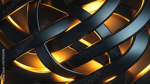 A sleek, modern design with intertwined geometric shapes, glowing with a metallic sheen against a dark background