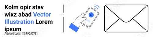 Hand holding smartphone with checkmark confirming action, large envelope symbolizing email or message. Ideal for technology, email marketing, digital security, verification, connectivity