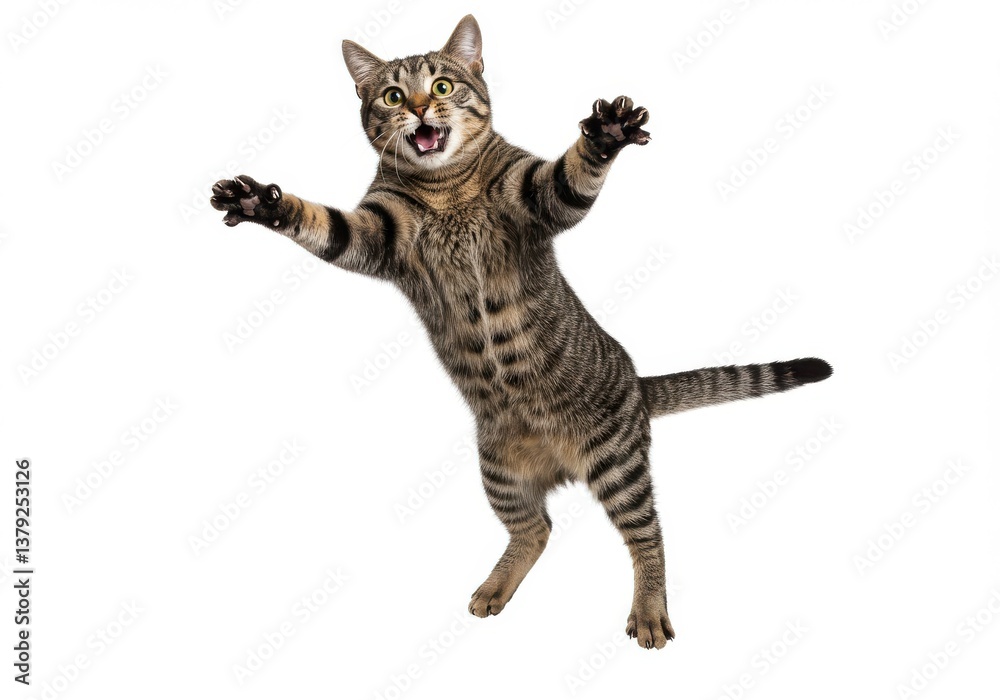 Tabby cat jumping pose mid-air isolated white background