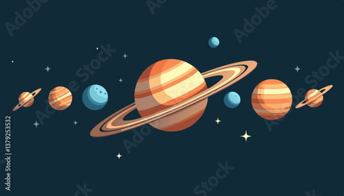 Planets in Space Illustration with Colorful Rings and Stars  