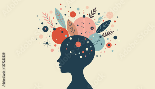 Abstract silhouette of a head with colorful foliage and shapes  