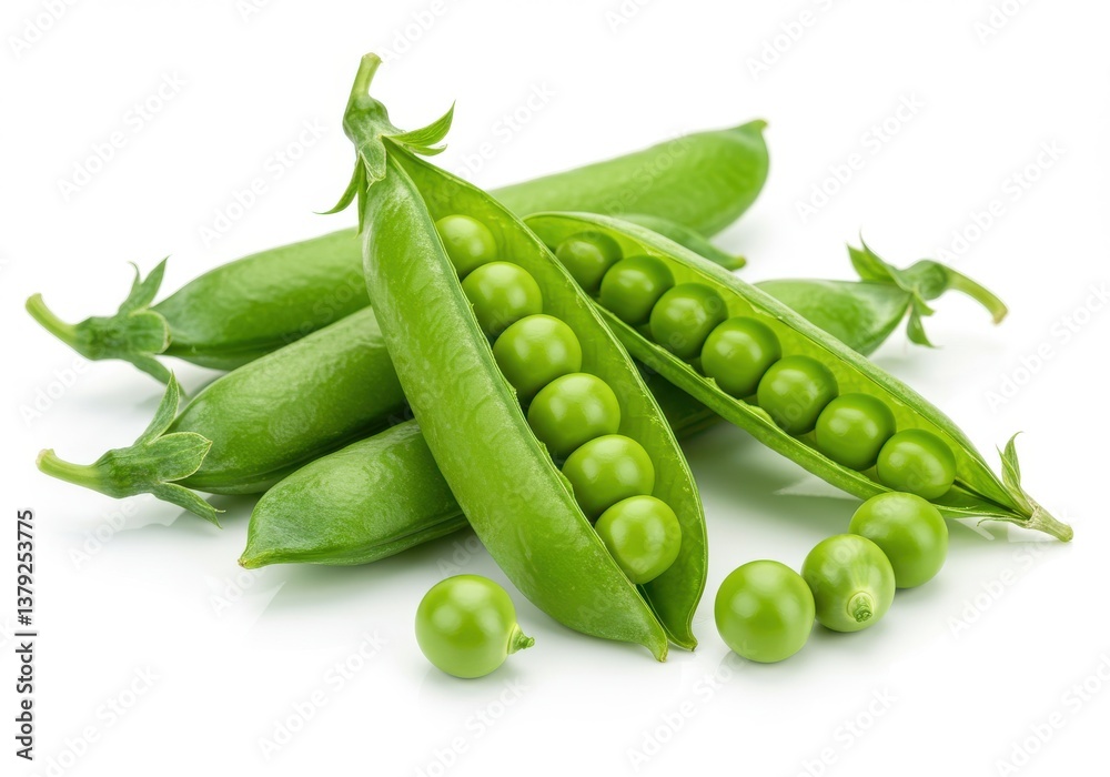 Fresh green peas open peapod isolated white background Fresh green peas open peapod isolated white background