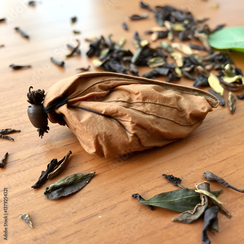 A closeup of a dried butterfly pupa on a wooden table. The pupa is brown and has a wrinkled texture. There are scattered tea leaves and a green leaf on the table.