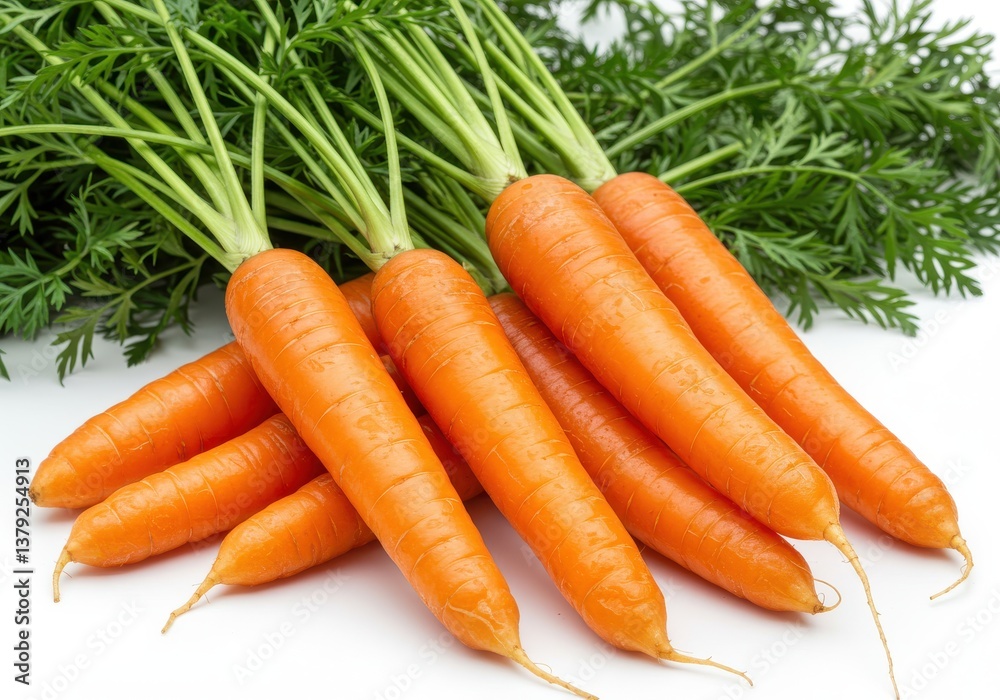 Fresh carrots vibrant orange green isolated white background Fresh carrots vibrant orange green isolated white background