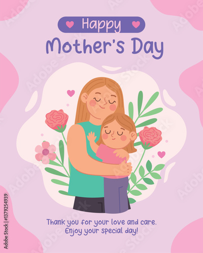 Beautiful Mothers Day Illustration with Flowers in Pink and Lilac