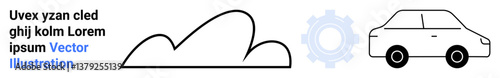 Black outline car, cloud, and faint gearwheel in blue. Ideal for automation, mobility, innovation, sustainability, eco-tech, technical processes and simple landing page