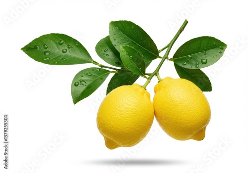photorealistic lemon branch vibrant yellow isolated white background